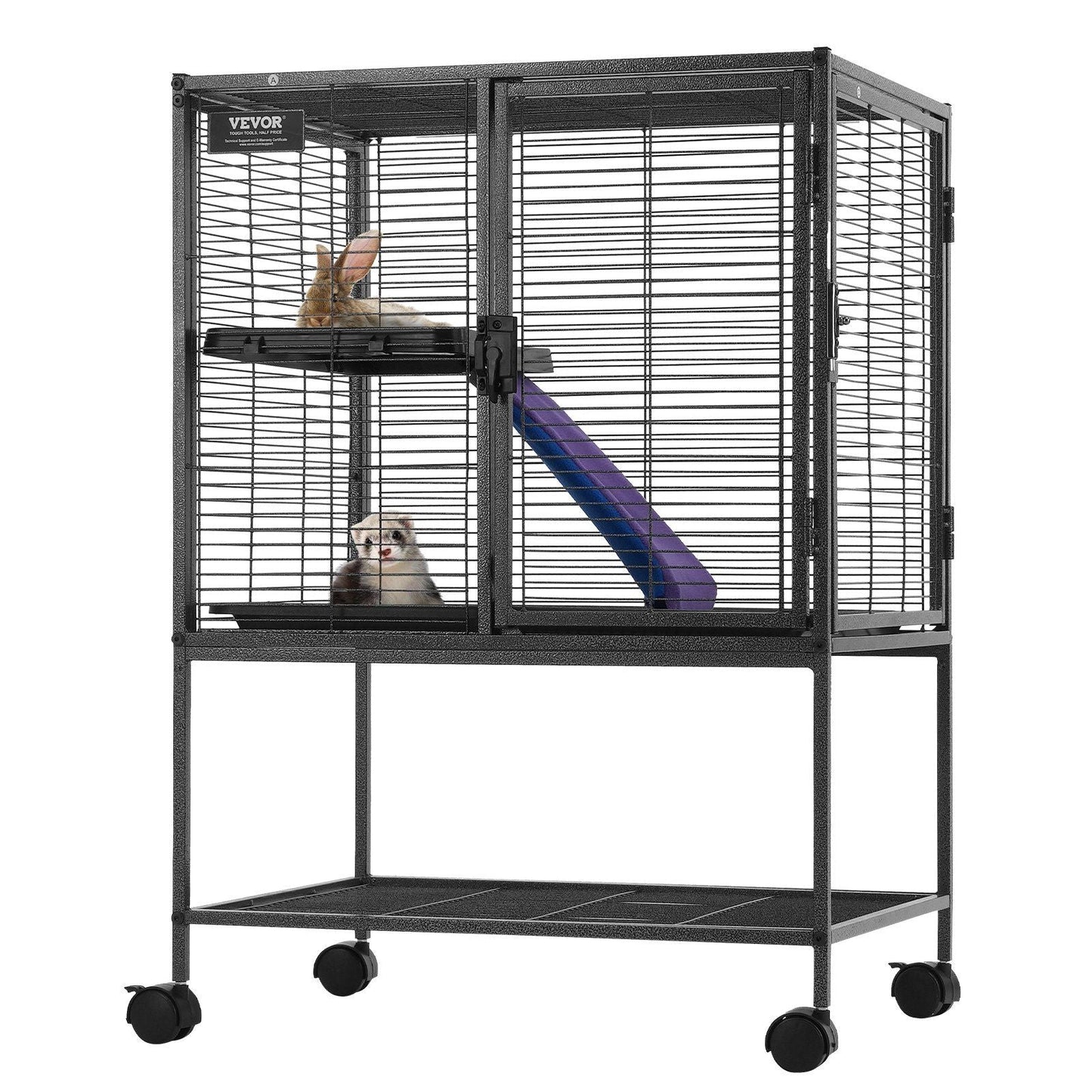 34" Metal Small Animal Cage 2-Tier Rolling Ferret Cage with Tray A Ramp