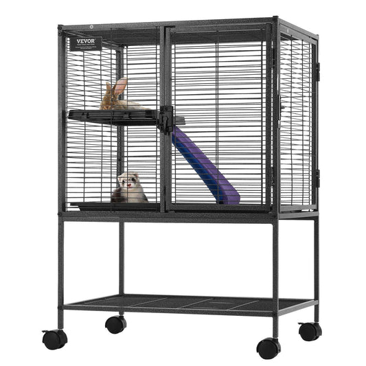 34" Metal Small Animal Cage 2-Tier Rolling Ferret Cage with Tray A Ramp