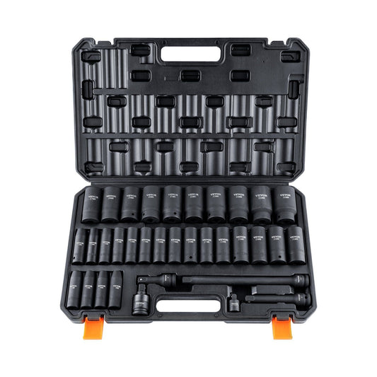 1/2" Drive Deep Impact Socket Set, 34pcs Socket Set Metric (8-36mm) 6 Point Cr-MO Alloy Steel for Auto Repair, Rugged Construction, Includes Heavy Duty Storage Case
