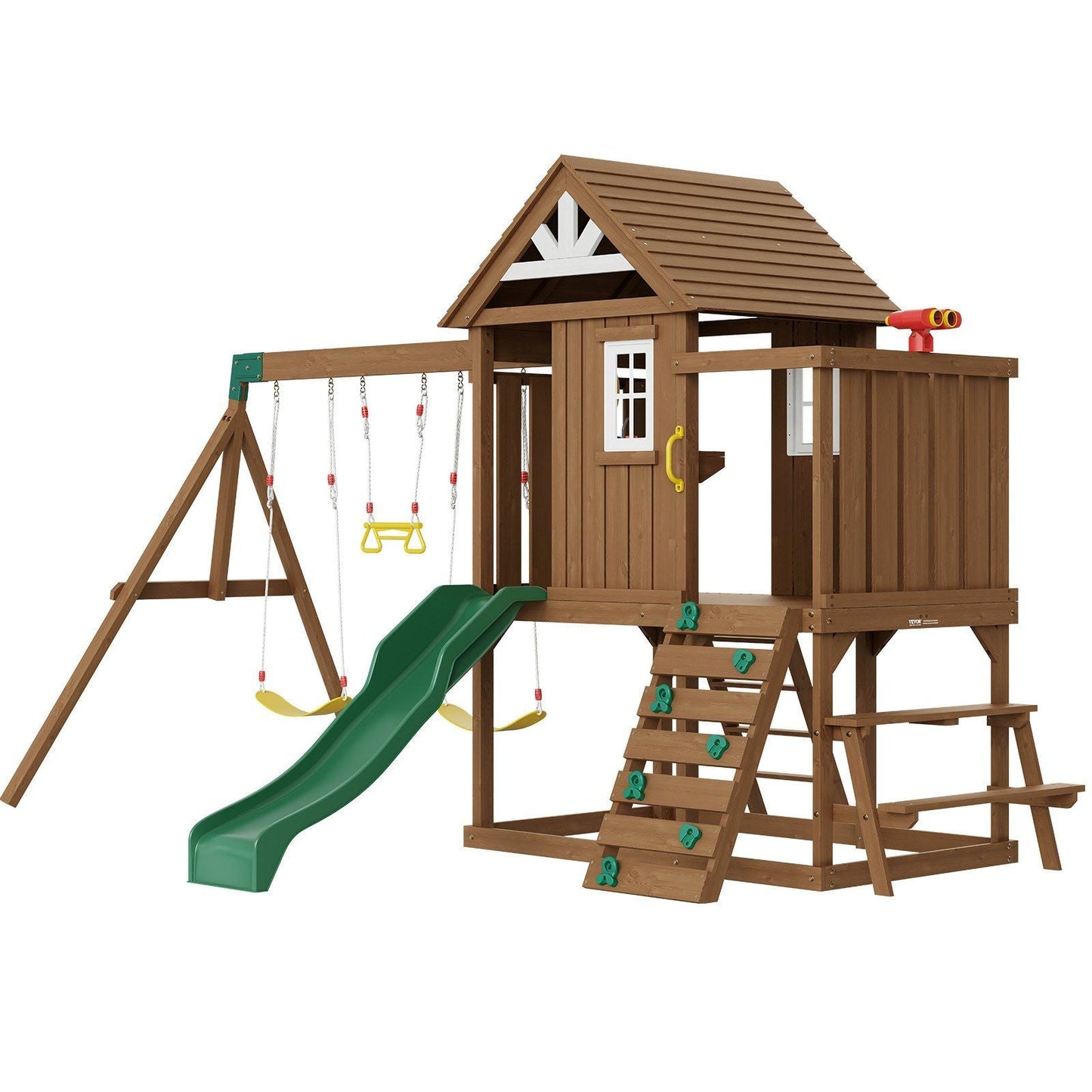 Wooden Swing Set 9 IN 1 Outdoor Playground Sets 6 FT Slide Upper Fort
