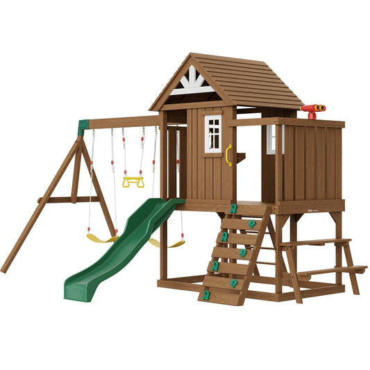 Wooden Swing Set 9 IN 1 Outdoor Playground Sets 6 FT Slide Upper Fort