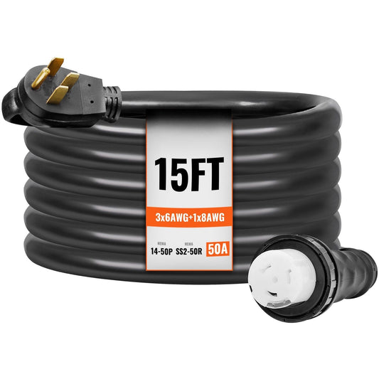50 Amp Generator Cord and Power Inlet Box Kit, 15FT, NEMA 14-50P/SS2-50R STW 6/3+8/1 AWG Generator Power Cord with Twist Lock Connector, Pre-Drilled Inlet Box for Generator to House, ETL Listed