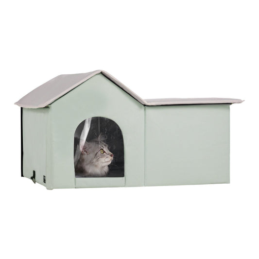 Heated Cat House Foldable Kitty Shelter with Heated Pad Green Large