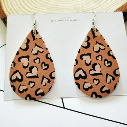Vintage Wooden Water Drop Earrings with Animal Print