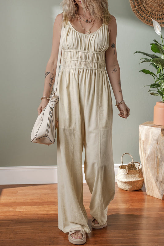 Ruched Sleeveless Wide Leg Jumpsuit