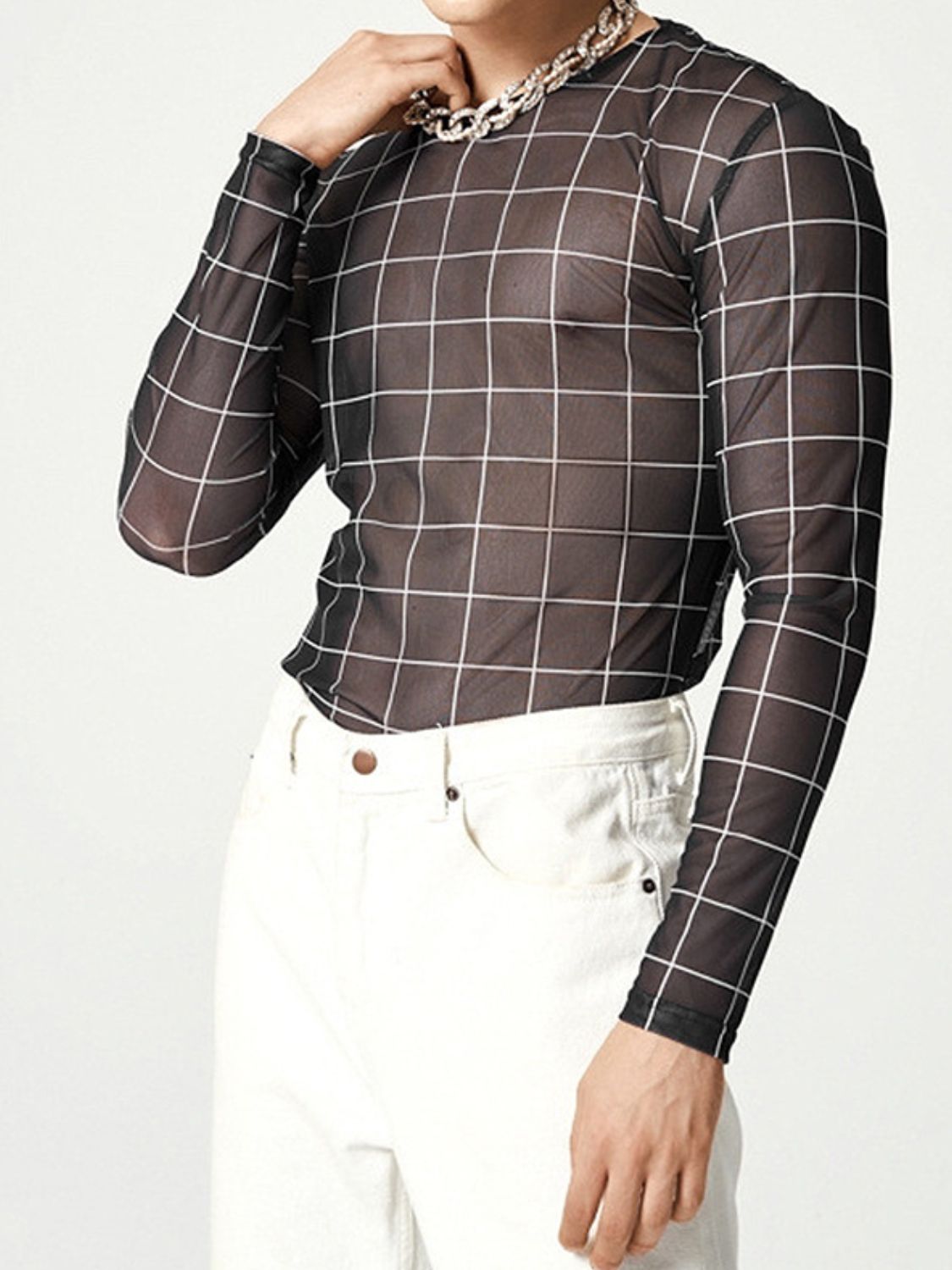 Men's Full Size Plaid Round Neck Long Sleeve Top Plus Size