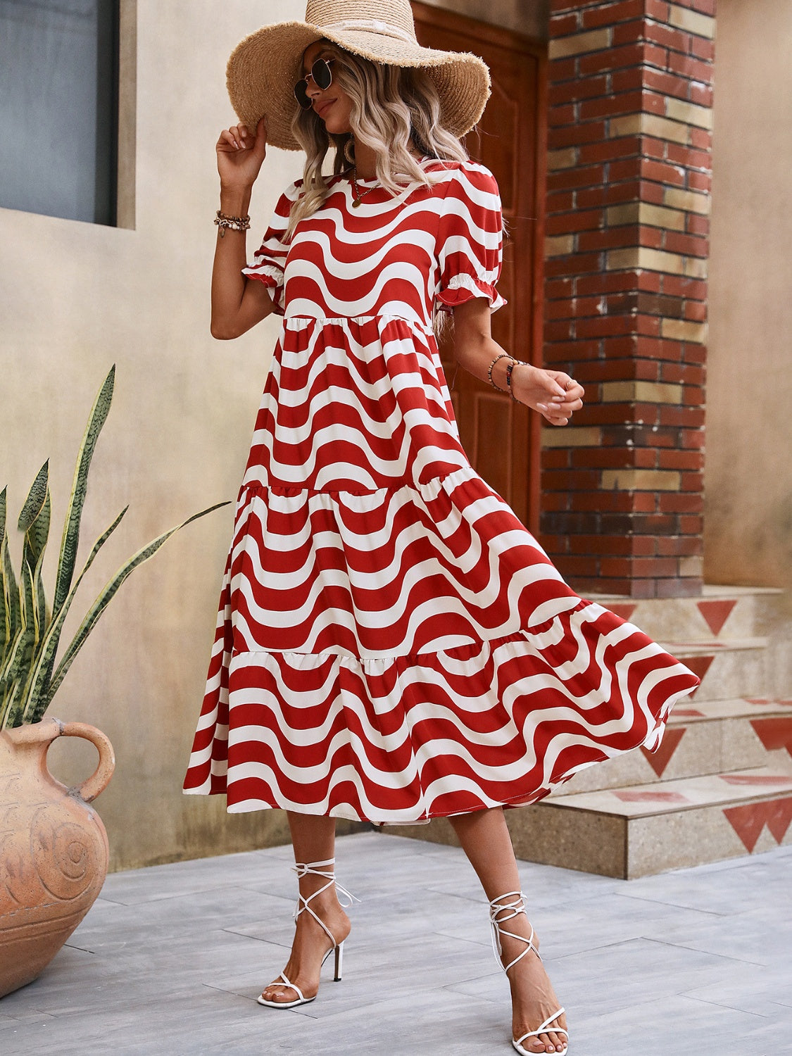 Wavy Striped Round Neck Short Sleeve Dress