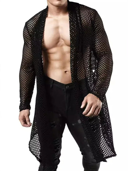 Men's Openwork Open Front Long Sleeve Cover-Up