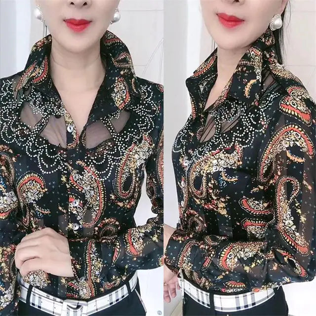 Lace Chiffon Summer Blouse with Printed Button Panel