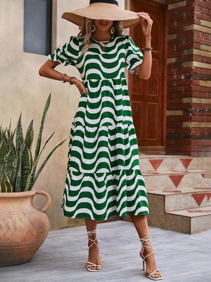 Wavy Striped Round Neck Short Sleeve Dress