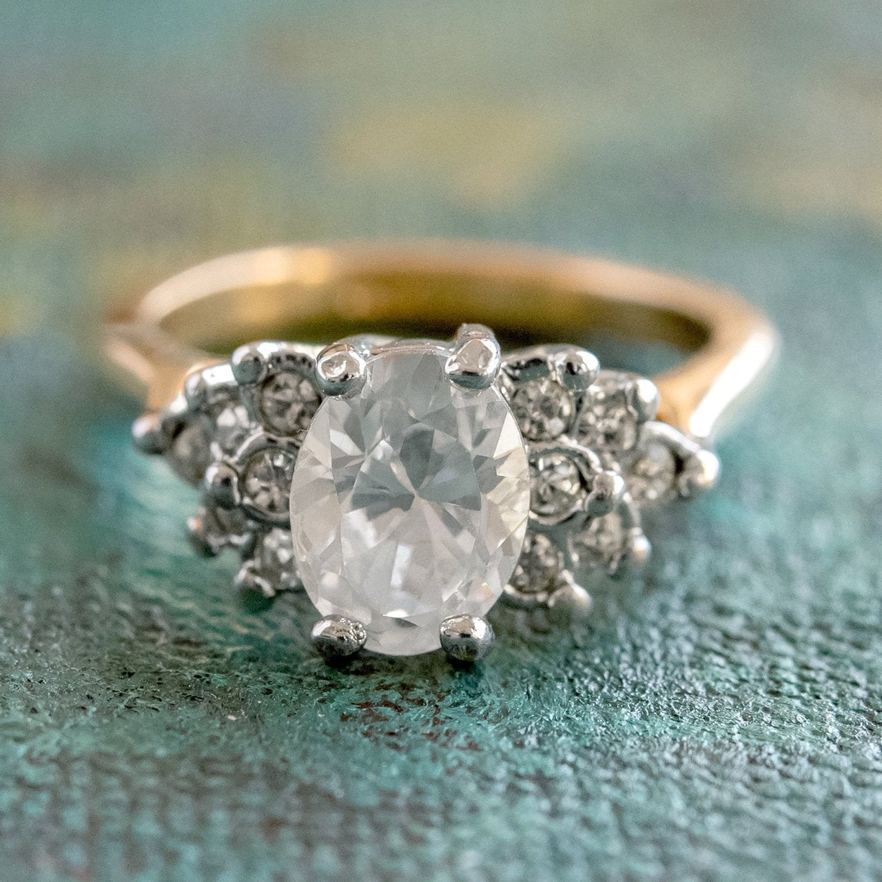 Vintage 1980's Cubic Zirconia Ring with Clear Austrian Crystals 18k Yellow Gold Electroplated by PVD Vintage Jewelry