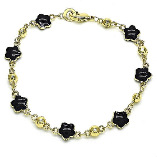 RMZ GOLD NYC 14K Gold High Polish Finish Black Enamel Flower Bracelet 8 Inches Women Teens