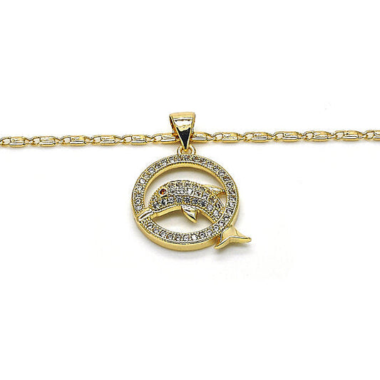 RMZ GOLD NYC Gold Filled High Polish Finish Fancy Necklace, Dolphin Design, with Garnet and White Micro Pave, Polished Finish, Golden Tone