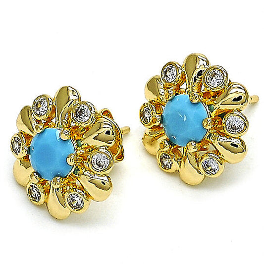 RMZ GOLD NYC 14K Gold Plated Flower Stud Earrings with Opal and Cubic Zirconia – High Polish Finish, Golden Tone