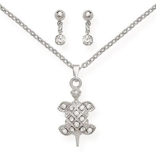 RMZ GOLD NYC White Turtle Pendant & Earring Set – Silver-Filled, High Polish Finish, Perfect for All Ages