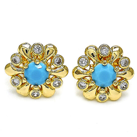 RMZ GOLD NYC 14K Gold Plated Flower Stud Earrings with Opal and Cubic Zirconia – High Polish Finish, Golden Tone