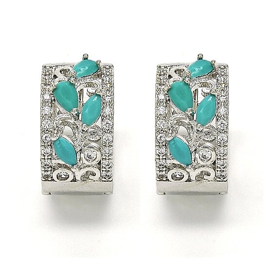 RMZ GOLD NYC 14K White Gold Teardrop Turquoise Leaf Design and Cubic Zirconia – Rhodium Tone