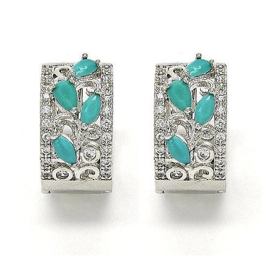 RMZ GOLD NYC 14K White Gold Teardrop Turquoise Leaf Design and Cubic Zirconia – Rhodium Tone