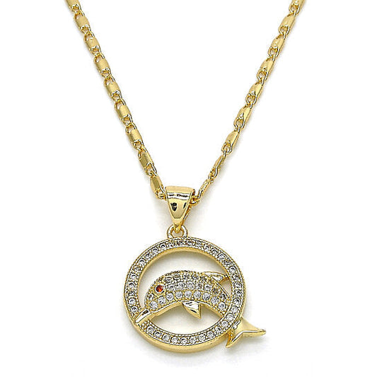 RMZ GOLD NYC Gold Filled High Polish Finish Fancy Necklace, Dolphin Design, with Garnet and White Micro Pave, Polished Finish, Golden Tone