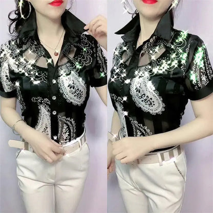 Lace Chiffon Summer Blouse with Printed Button Panel