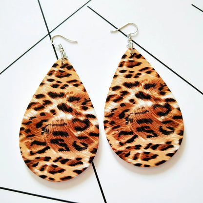 Vintage Wooden Water Drop Earrings with Animal Print