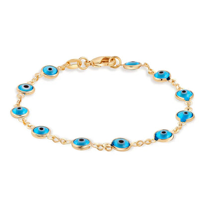 RMZ Gold NYC 18k Gold Plated Aqua Marino Glass Evil Eye Bracelet