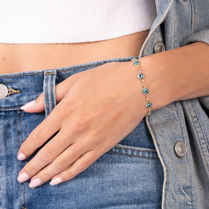 RMZ Gold NYC 18k Gold Plated Aqua Marino Glass Evil Eye Bracelet