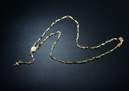 14K Gold Multicolor Virgin Mary Necklace - Made In Brazil