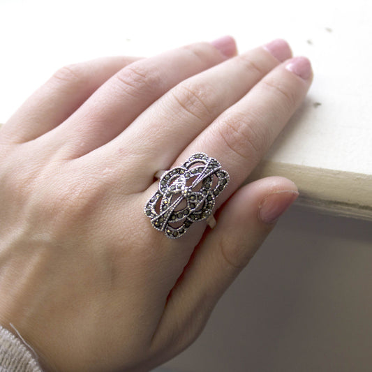 Vintage Genuine Marcasite Cocktail Ring 1800s Design 18k Antiqued White Gold Electroplate by PVD Vintage Jewelry