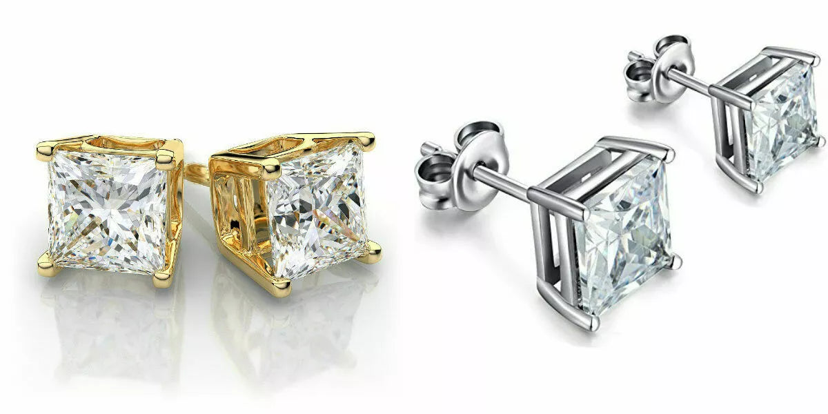 Sterling Silver 925 Gold Stud Earrings Cubic Zirconia Men Women 2PC 6mm Earrings