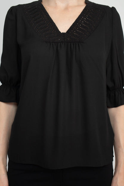 Zac & Rachel Lace V-Neck 3/4 Sleeve Solid Crepe Top by Curated Brands