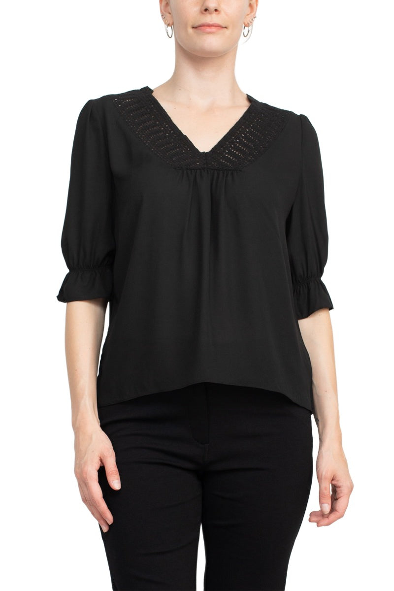 Zac & Rachel Lace V-Neck 3/4 Sleeve Solid Crepe Top by Curated Brands