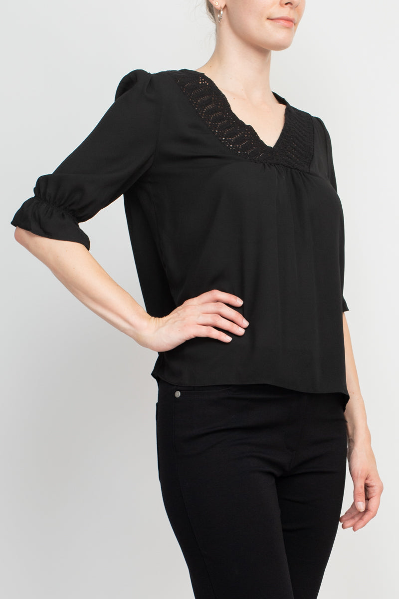 Zac & Rachel Lace V-Neck 3/4 Sleeve Solid Crepe Top by Curated Brands