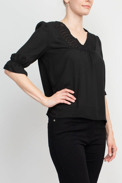 Zac & Rachel Lace V-Neck 3/4 Sleeve Solid Crepe Top by Curated Brands