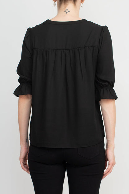 Zac & Rachel Lace V-Neck 3/4 Sleeve Solid Crepe Top by Curated Brands