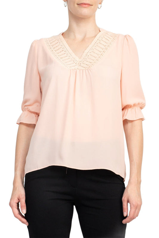 Zac & Rachel Lace V-Neck 3/4 Sleeve Solid Crepe Top by Curated Brands