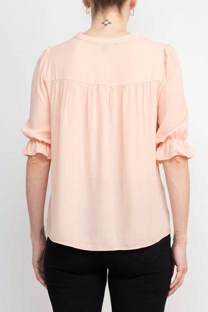 Zac & Rachel Lace V-Neck 3/4 Sleeve Solid Crepe Top by Curated Brands