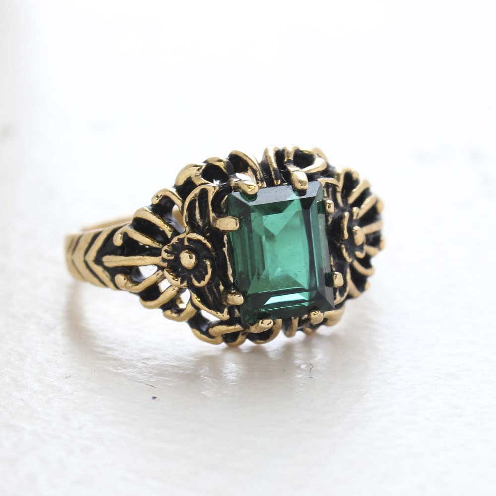 Vintage Ring Emerald Cut Emerald Austrian Crystal 18kt Antiqued Yellow Gold Plated Filligree Ring by PVD Vintage Jewelry