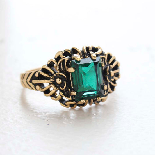 Vintage Ring Emerald Cut Emerald Austrian Crystal 18kt Antiqued Yellow Gold Plated Filligree Ring by PVD Vintage Jewelry
