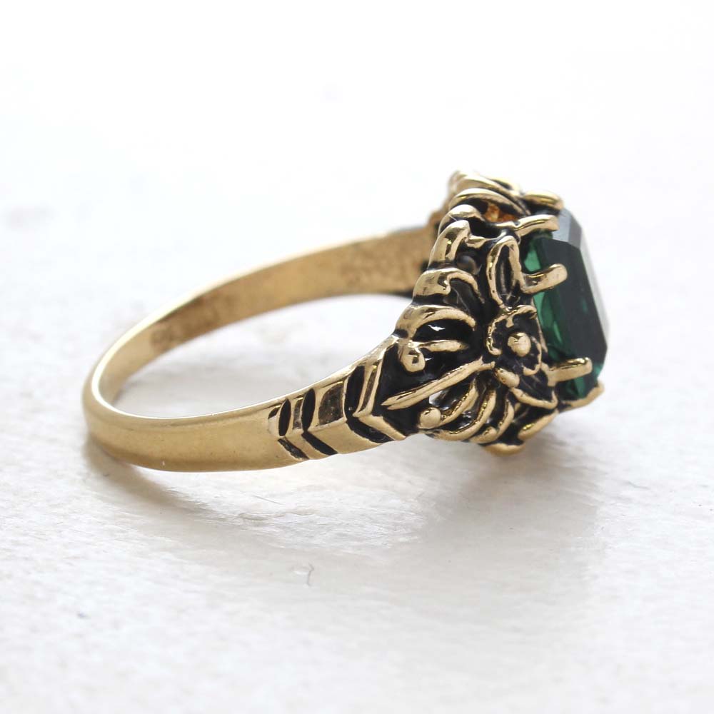 Vintage Ring Emerald Cut Emerald Austrian Crystal 18kt Antiqued Yellow Gold Plated Filligree Ring by PVD Vintage Jewelry