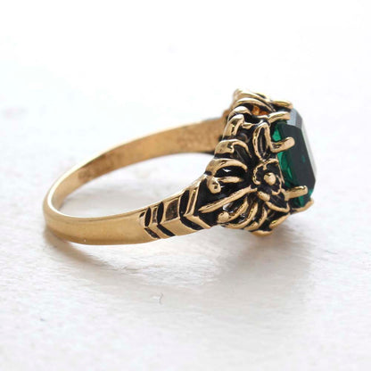 Vintage Ring Emerald Cut Emerald Austrian Crystal 18kt Antiqued Yellow Gold Plated Filligree Ring by PVD Vintage Jewelry