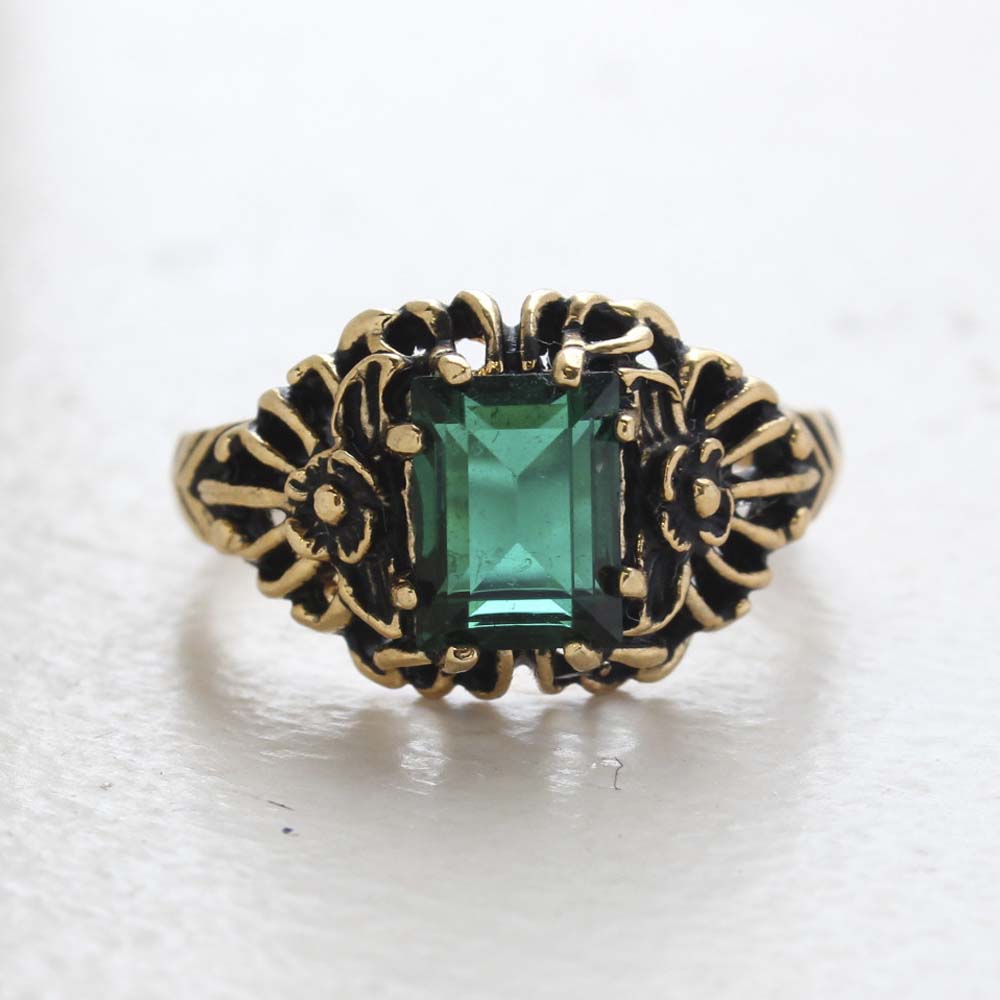 Vintage Ring Emerald Cut Emerald Austrian Crystal 18kt Antiqued Yellow Gold Plated Filligree Ring by PVD Vintage Jewelry