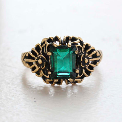 Vintage Ring Emerald Cut Emerald Austrian Crystal 18kt Antiqued Yellow Gold Plated Filligree Ring by PVD Vintage Jewelry