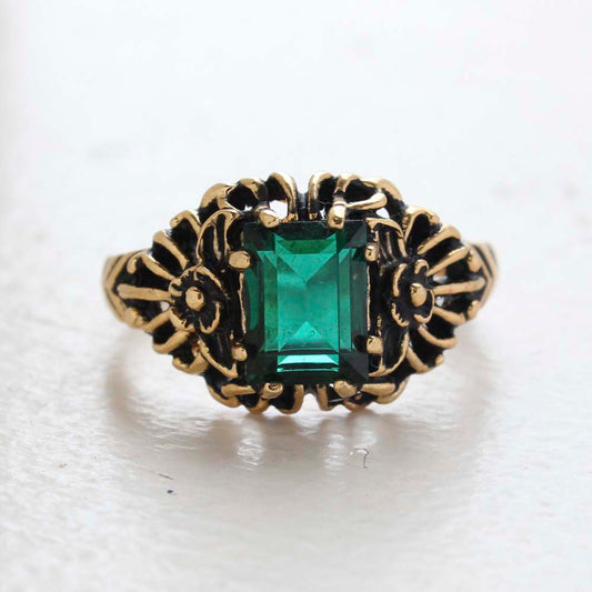 Vintage Ring Emerald Cut Emerald Austrian Crystal 18kt Antiqued Yellow Gold Plated Filligree Ring by PVD Vintage Jewelry