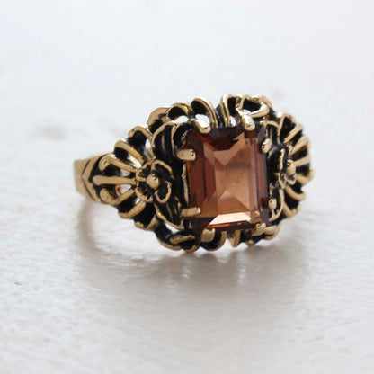 Vintage Ring Emerald Cut Emerald Austrian Crystal 18kt Antiqued Yellow Gold Plated Filligree Ring by PVD Vintage Jewelry