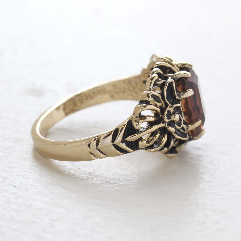 Vintage Ring Emerald Cut Emerald Austrian Crystal 18kt Antiqued Yellow Gold Plated Filligree Ring by PVD Vintage Jewelry