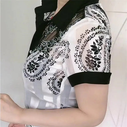 Lace Chiffon Summer Blouse with Printed Button Panel