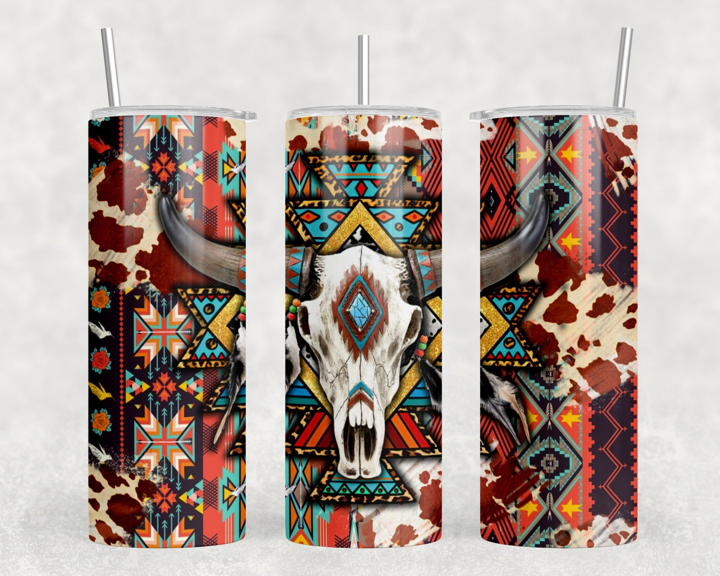 Western Aztec Bull Skull|Skinny Tumbler|Optional Bluetooth Speaker| Speaker Color Varies by Rowdy Ridge Co